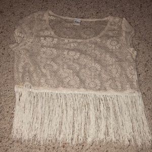 Cream mesh shirt with tassels at the bottom